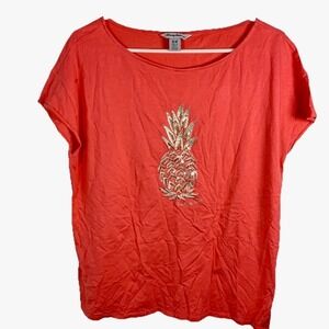 Tommy Bahama Coral Pink Pineapple Sequin Embellished T Shirt Top Sz M Soft Modal